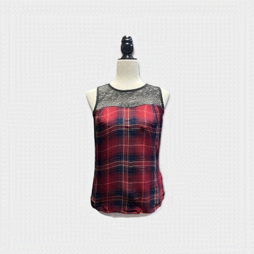 𝅺WEARHOUSE ONE | Women's Red and Black Plaid Tank Top with Lace